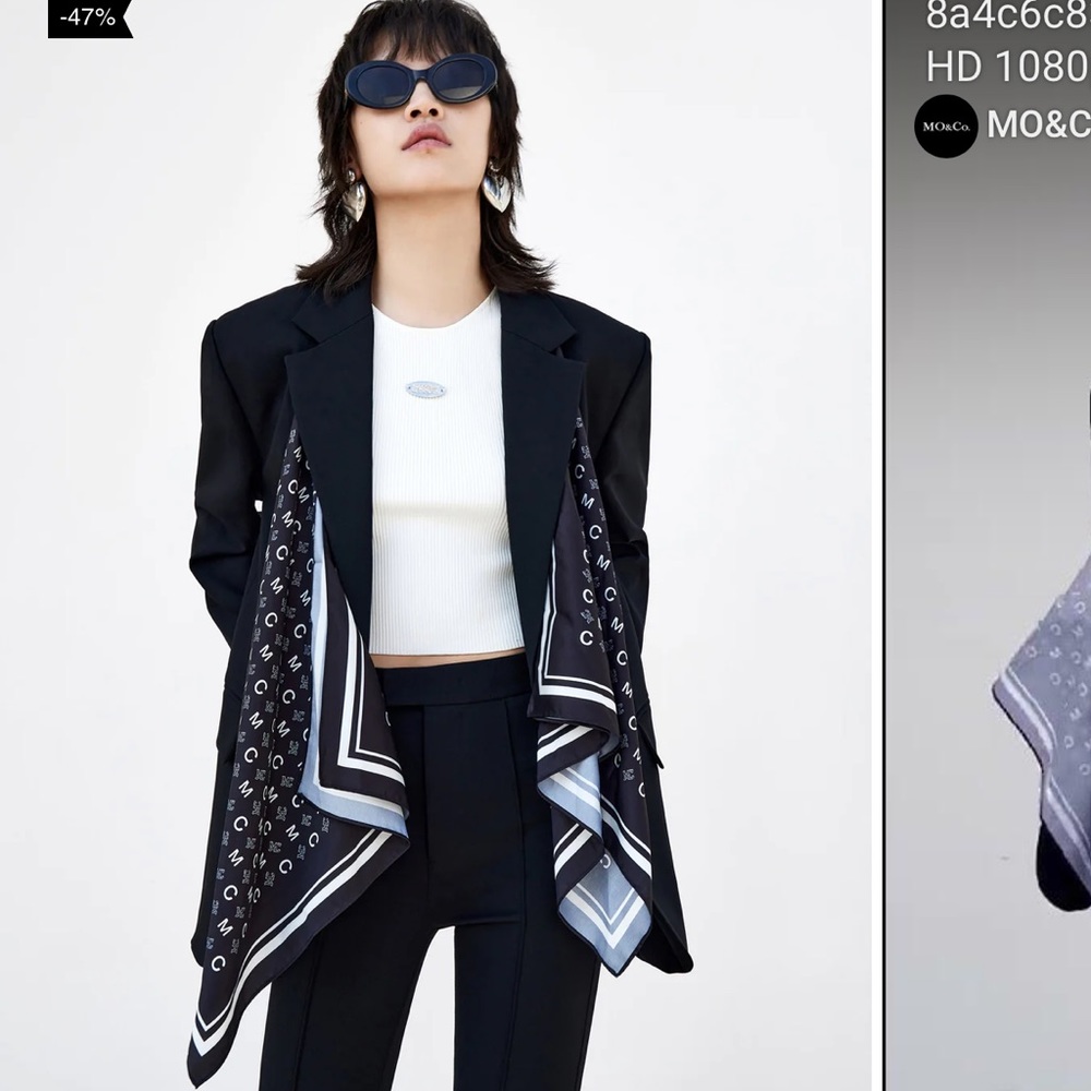 Mo & Co Silk Scarf Included Lapel Structured Blazer